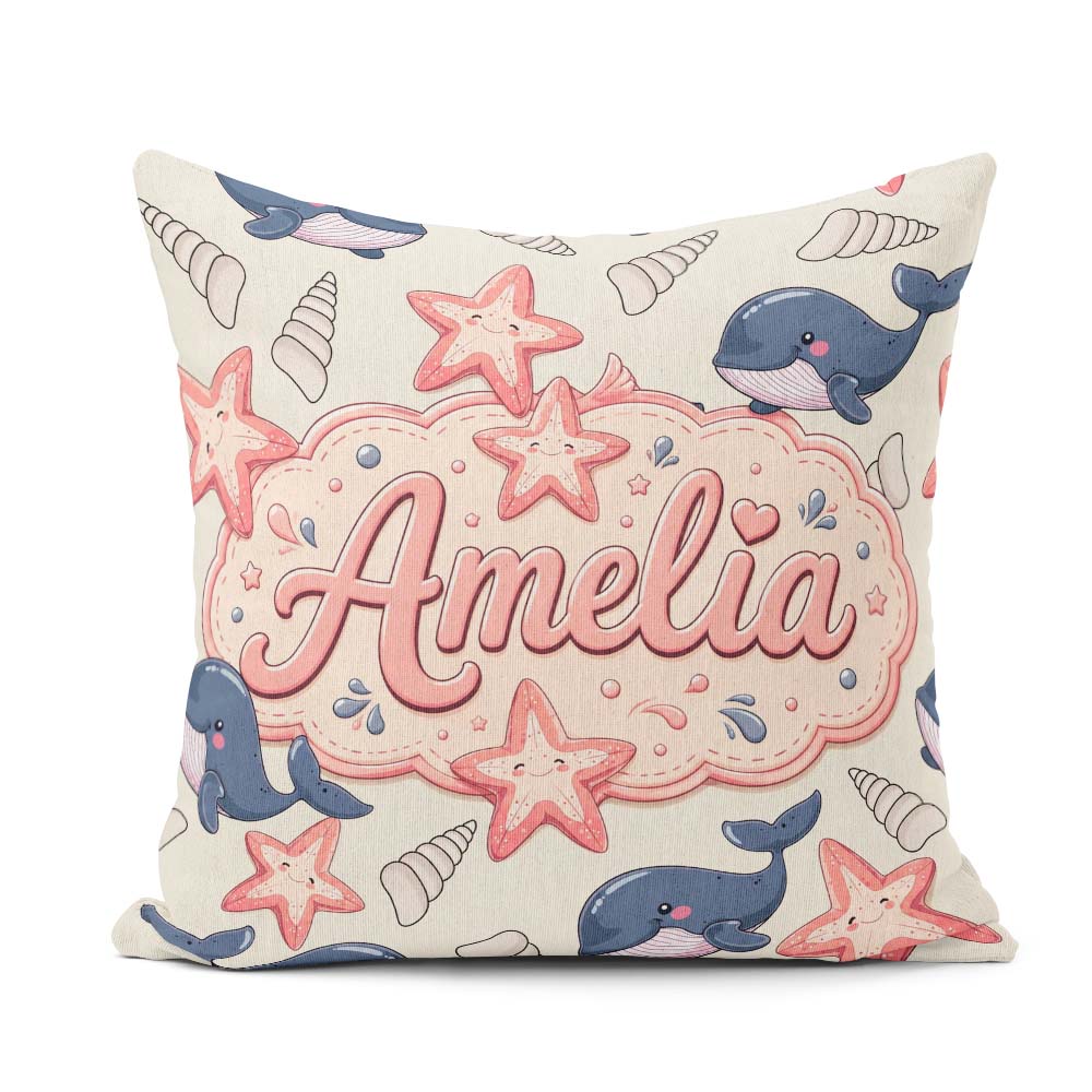 Custom Name Kawaii Whale Starfish Ocean Animals Beige Background Square Filled Cushion Throw Pillow Sofa Bed Home Decor Zip Washable UK Made