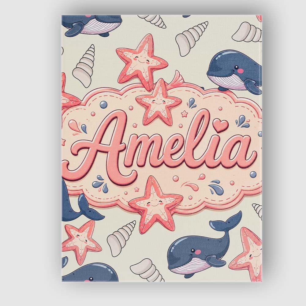 Personalised Name Cute Kawaii Whale Starfish Custom Bespoke  Contemporary Display Canvas Wall Art Print Decor Picture Ready to Hang