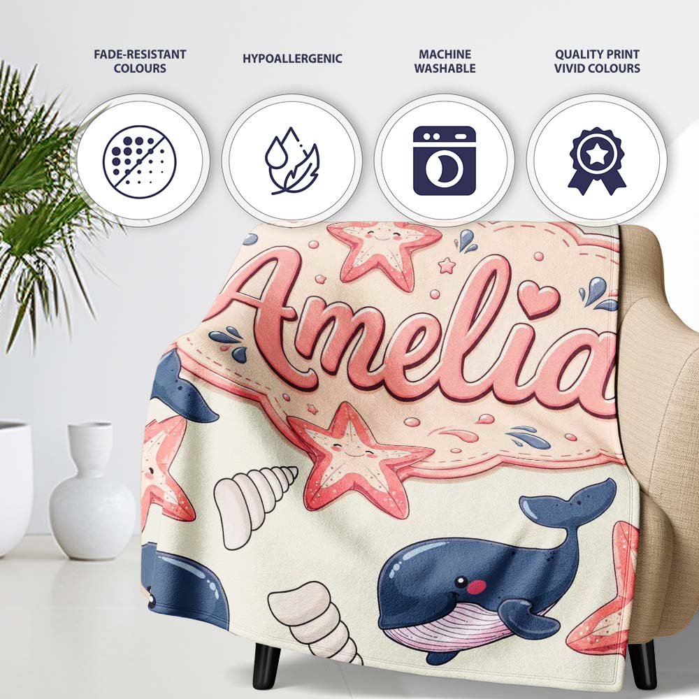 Cute Kawaii Whale Starfish Seashell Ocean Animals Beige Background  Personalised Custom Name Super Soft Fleece Blanket Bed Sofa Throw