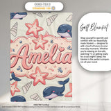 Cute Kawaii Whale Starfish Seashell Ocean Animals Beige Background  Personalised Custom Name Super Soft Fleece Blanket Bed Sofa Throw