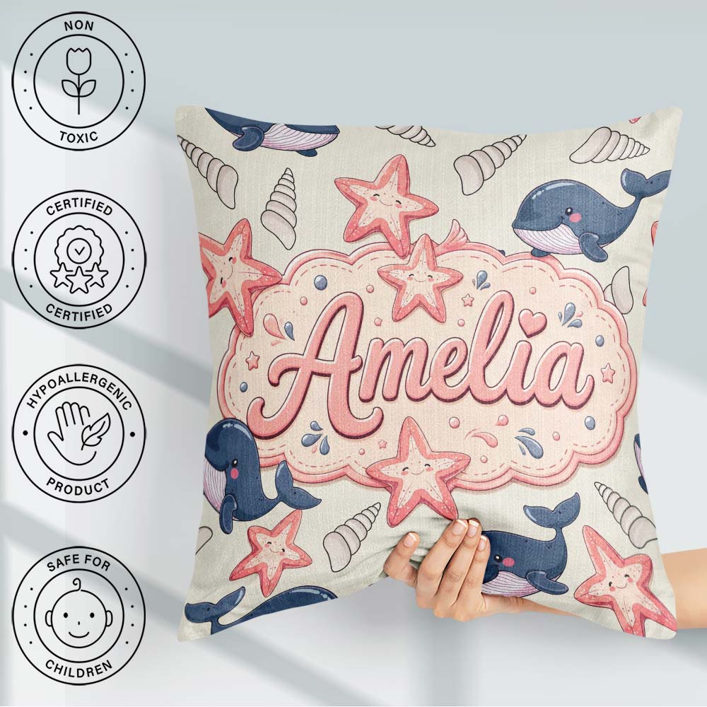 Custom Name Kawaii Whale Starfish Ocean Animals Beige Background Square Filled Cushion Throw Pillow Sofa Bed Home Decor Zip Washable UK Made