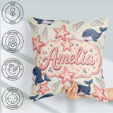 Custom Name Kawaii Whale Starfish Ocean Animals Beige Background Square Filled Cushion Throw Pillow Sofa Bed Home Decor Zip Washable UK Made