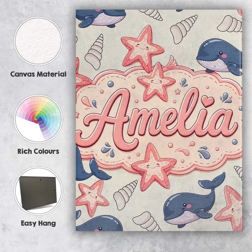Personalised Name Cute Kawaii Whale Starfish Custom Bespoke  Contemporary Display Canvas Wall Art Print Decor Picture Ready to Hang