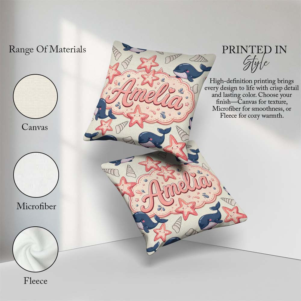 Custom Name Kawaii Whale Starfish Ocean Animals Beige Background Square Filled Cushion Throw Pillow Sofa Bed Home Decor Zip Washable UK Made