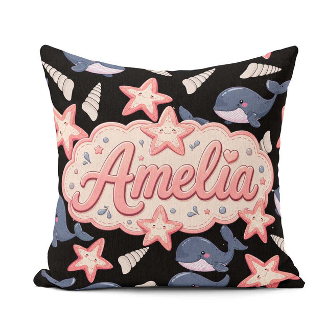 Custom Name Kawaii Whale Starfish Ocean Animals Black Background Square Filled Cushion Throw Pillow Sofa Bed Home Decor Zip Washable UK Made