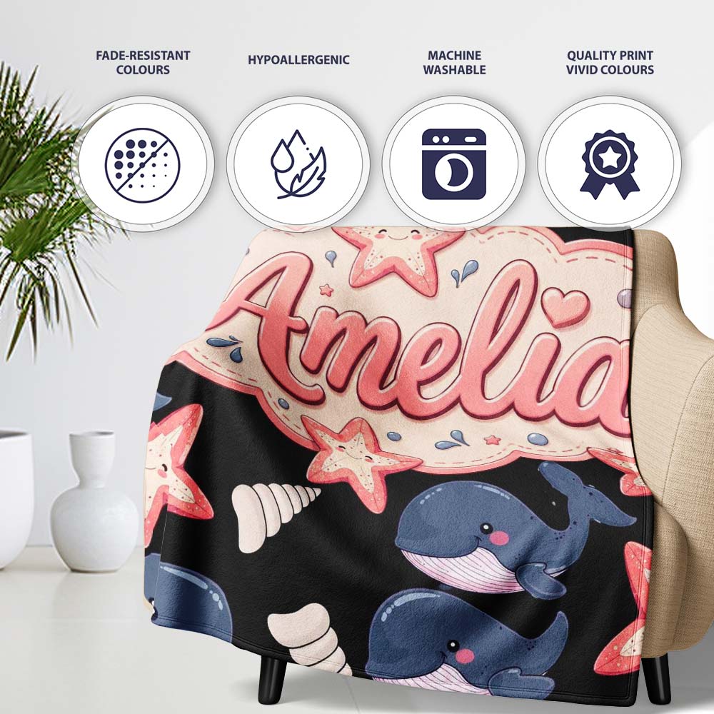 Cute Kawaii Whale Starfish Seashell Ocean Animals Black Background  Personalised Custom Name Super Soft Fleece Blanket Bed Sofa Throw