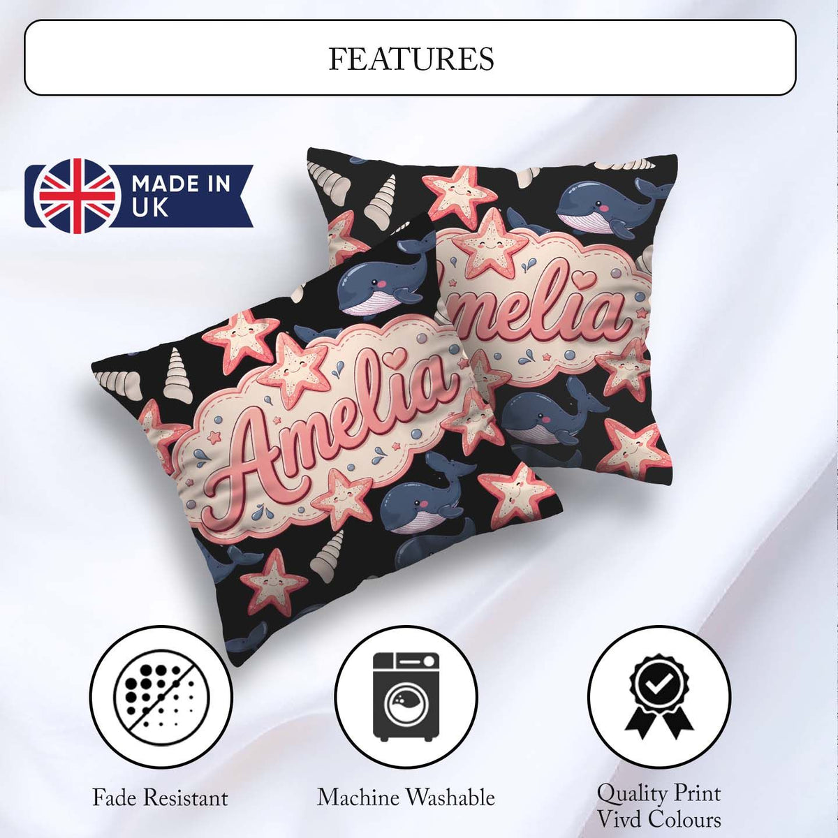 Custom Name Kawaii Whale Starfish Ocean Animals Black Background Square Filled Cushion Throw Pillow Sofa Bed Home Decor Zip Washable UK Made