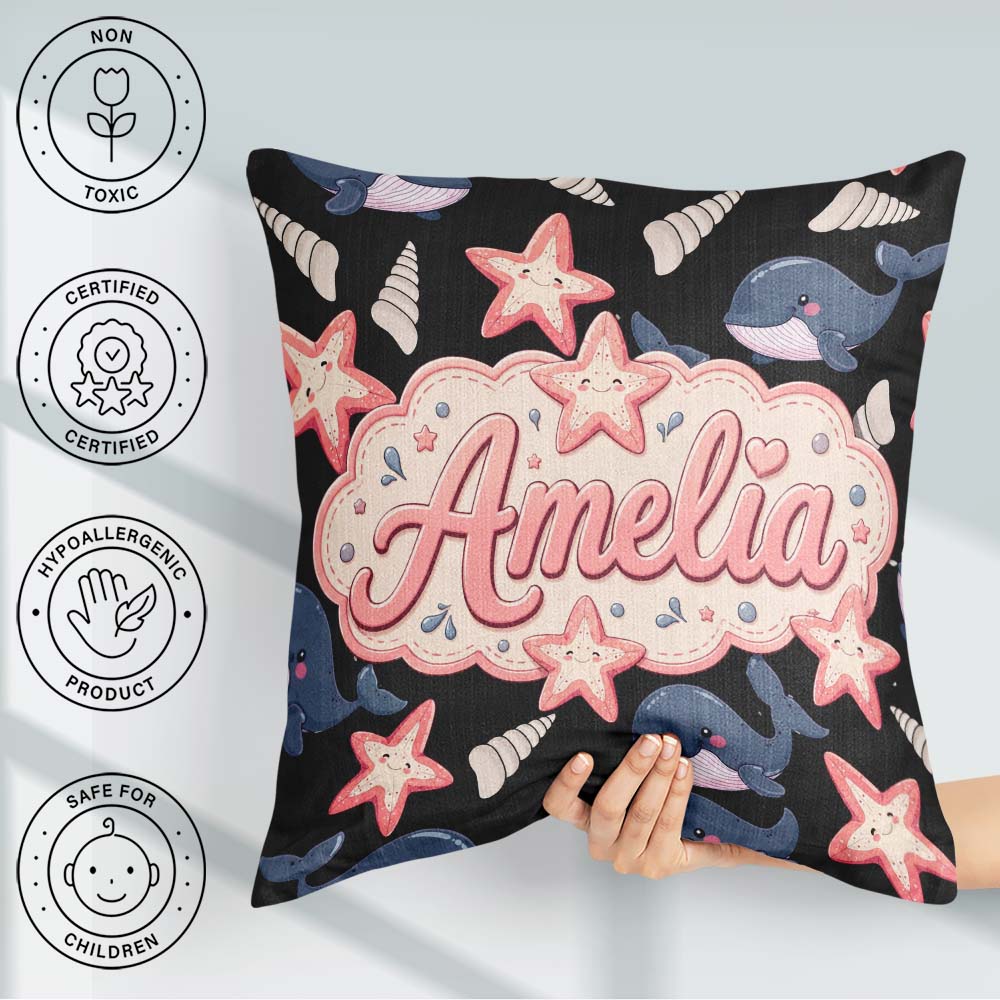Custom Name Kawaii Whale Starfish Ocean Animals Black Background Square Filled Cushion Throw Pillow Sofa Bed Home Decor Zip Washable UK Made