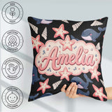 Custom Name Kawaii Whale Starfish Ocean Animals Black Background Square Filled Cushion Throw Pillow Sofa Bed Home Decor Zip Washable UK Made