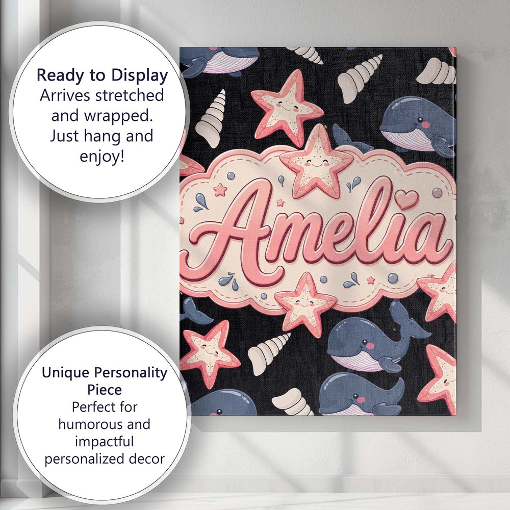 Personalised Name Cute Kawaii Whale Starfish Custom Bespoke  Contemporary Display Canvas Wall Art Print Decor Picture Ready to Hang
