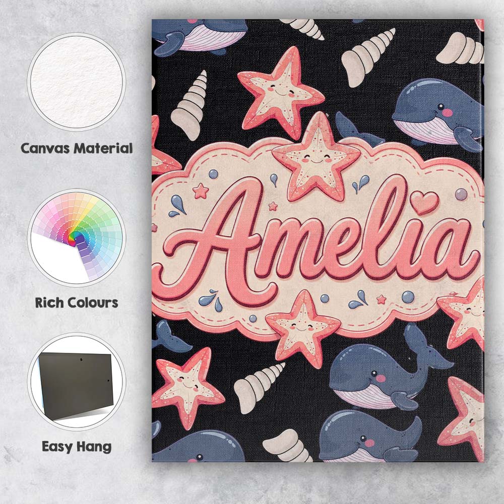 Personalised Name Cute Kawaii Whale Starfish Custom Bespoke  Contemporary Display Canvas Wall Art Print Decor Picture Ready to Hang