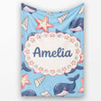 Cute Kawaii Whale Starfish Seashell Ocean Animals Blue Background  Personalised Custom Name Super Soft Fleece Blanket Bed Sofa Throw