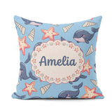 Custom Name Kawaii Whale Starfish Seashell Ocean Blue Background Square Filled Cushion Throw Pillow Sofa Bed Home Decor Zip Washable UK Made