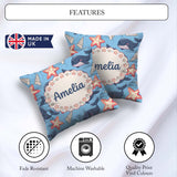 Custom Name Kawaii Whale Starfish Seashell Ocean Blue Background Square Filled Cushion Throw Pillow Sofa Bed Home Decor Zip Washable UK Made