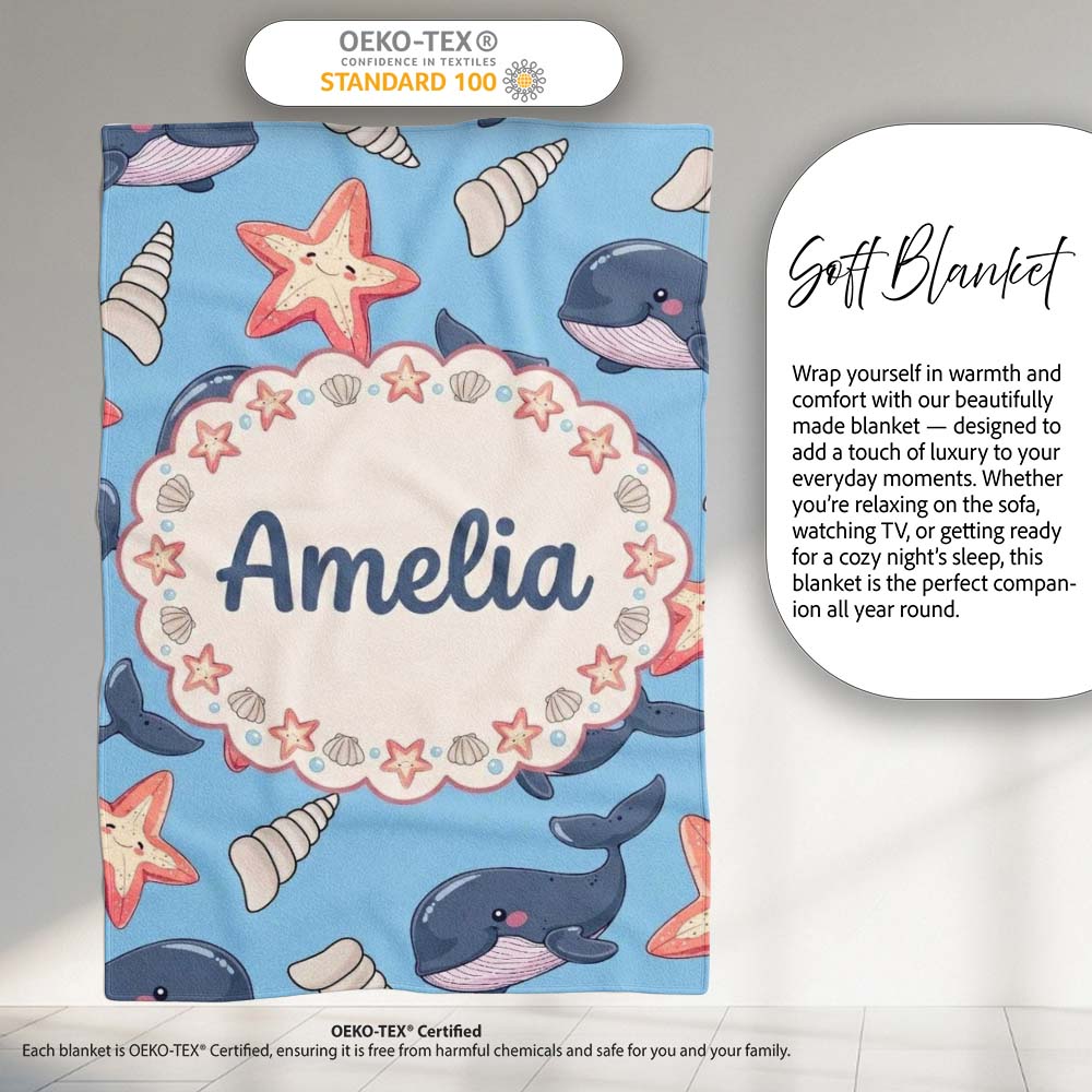 Cute Kawaii Whale Starfish Seashell Ocean Animals Blue Background  Personalised Custom Name Super Soft Fleece Blanket Bed Sofa Throw