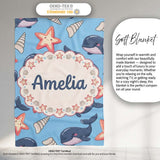 Cute Kawaii Whale Starfish Seashell Ocean Animals Blue Background  Personalised Custom Name Super Soft Fleece Blanket Bed Sofa Throw