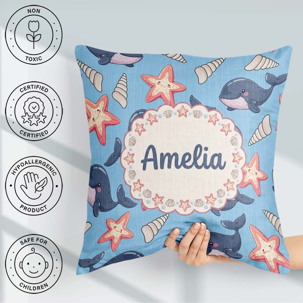 Custom Name Kawaii Whale Starfish Seashell Ocean Blue Background Square Filled Cushion Throw Pillow Sofa Bed Home Decor Zip Washable UK Made