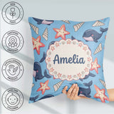 Custom Name Kawaii Whale Starfish Seashell Ocean Blue Background Square Filled Cushion Throw Pillow Sofa Bed Home Decor Zip Washable UK Made