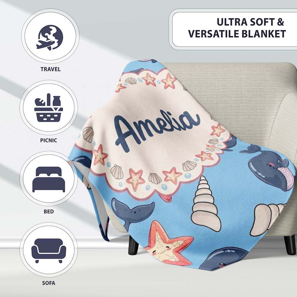 Cute Kawaii Whale Starfish Seashell Ocean Animals Blue Background  Personalised Custom Name Super Soft Fleece Blanket Bed Sofa Throw