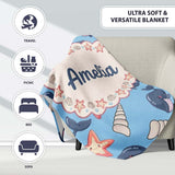 Cute Kawaii Whale Starfish Seashell Ocean Animals Blue Background  Personalised Custom Name Super Soft Fleece Blanket Bed Sofa Throw