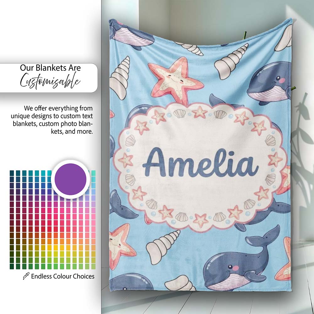 Cute Kawaii Whale Starfish Seashell Ocean Animals Blue Background  Personalised Custom Name Super Soft Fleece Blanket Bed Sofa Throw