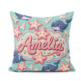 Custom Name Kawaii Whale Starfish Seashell Ocean Mint Background Square Filled Cushion Throw Pillow Sofa Bed Home Decor Zip Washable UK Made