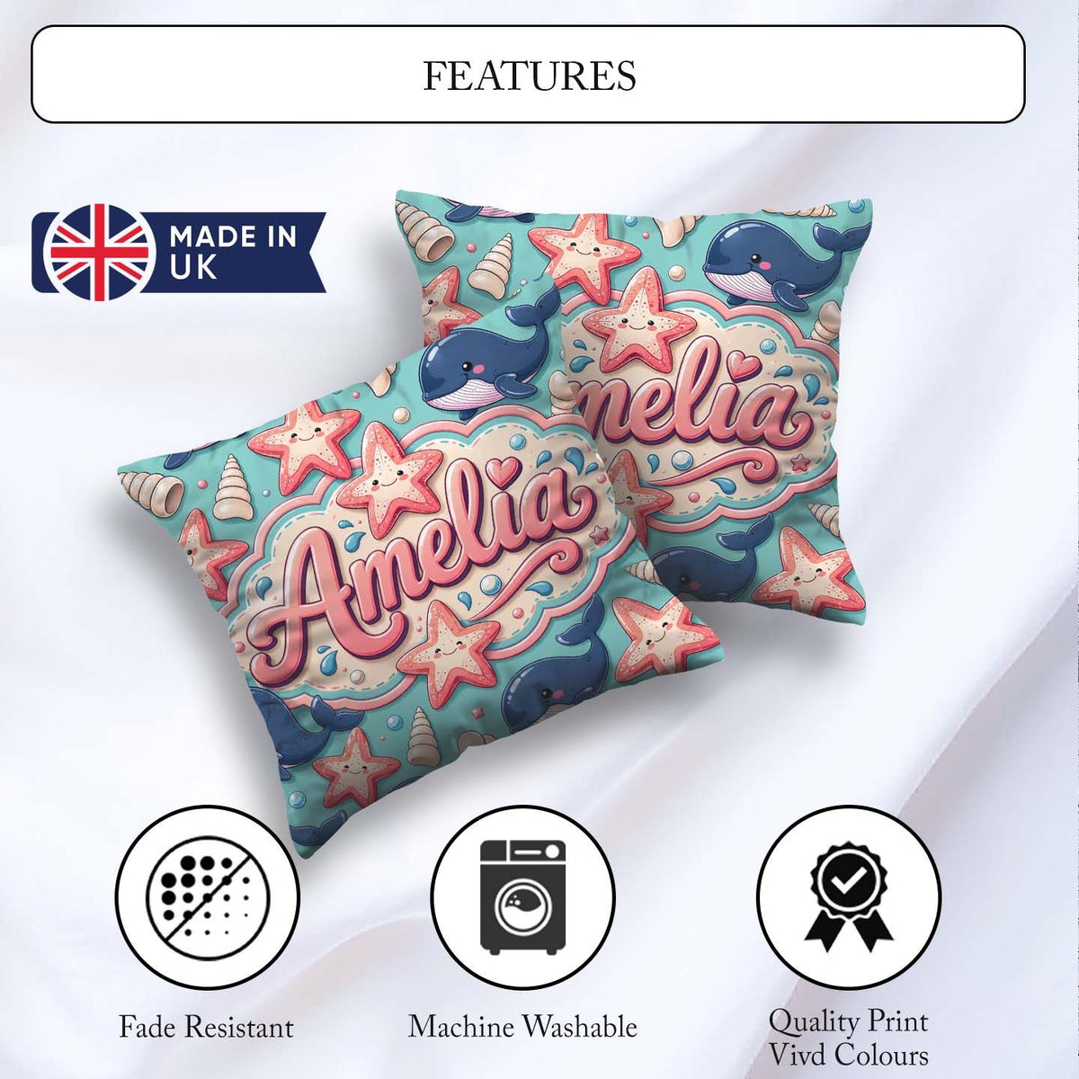 Custom Name Kawaii Whale Starfish Seashell Ocean Mint Background Square Filled Cushion Throw Pillow Sofa Bed Home Decor Zip Washable UK Made