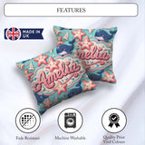 Custom Name Kawaii Whale Starfish Seashell Ocean Mint Background Square Filled Cushion Throw Pillow Sofa Bed Home Decor Zip Washable UK Made