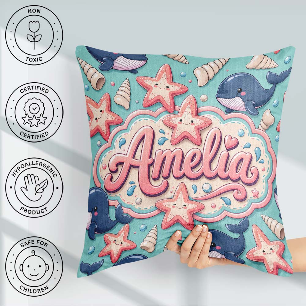 Custom Name Kawaii Whale Starfish Seashell Ocean Mint Background Square Filled Cushion Throw Pillow Sofa Bed Home Decor Zip Washable UK Made