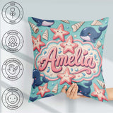 Custom Name Kawaii Whale Starfish Seashell Ocean Mint Background Square Filled Cushion Throw Pillow Sofa Bed Home Decor Zip Washable UK Made