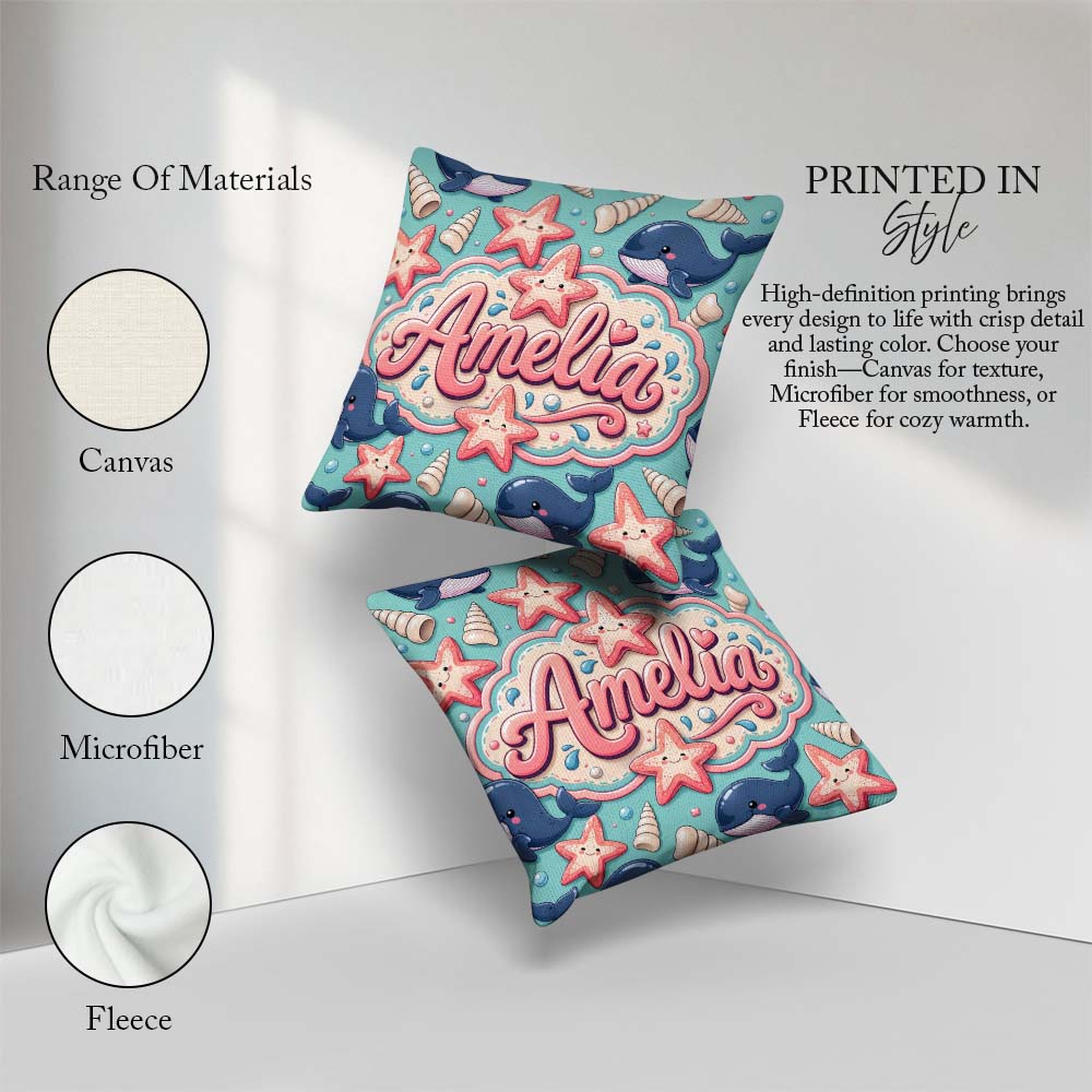 Custom Name Kawaii Whale Starfish Seashell Ocean Mint Background Square Filled Cushion Throw Pillow Sofa Bed Home Decor Zip Washable UK Made