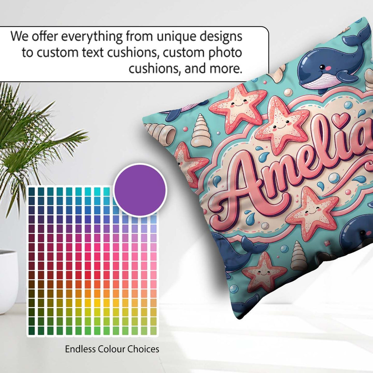 Custom Name Kawaii Whale Starfish Seashell Ocean Mint Background Square Filled Cushion Throw Pillow Sofa Bed Home Decor Zip Washable UK Made