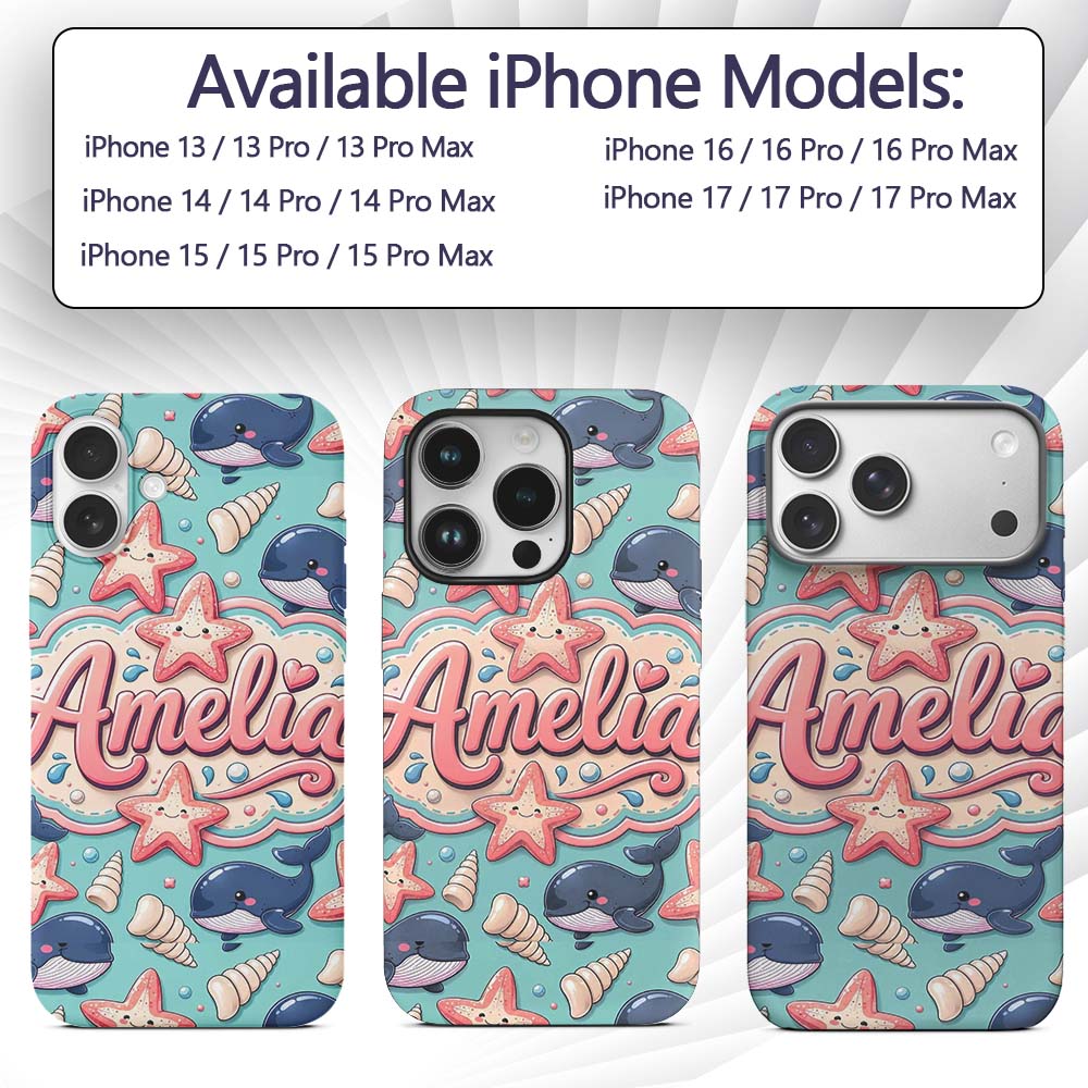 Cute Kawaii Whale Starfish Seashell Ocean Animals Custom Name Protective Phone Case Mobile Cover Durable Everyday Smartphone Shock Resistant