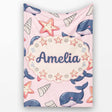 Cute Kawaii Whale Starfish Seashell Ocean Animals Pink Background  Personalised Custom Name Super Soft Fleece Blanket Bed Sofa Throw