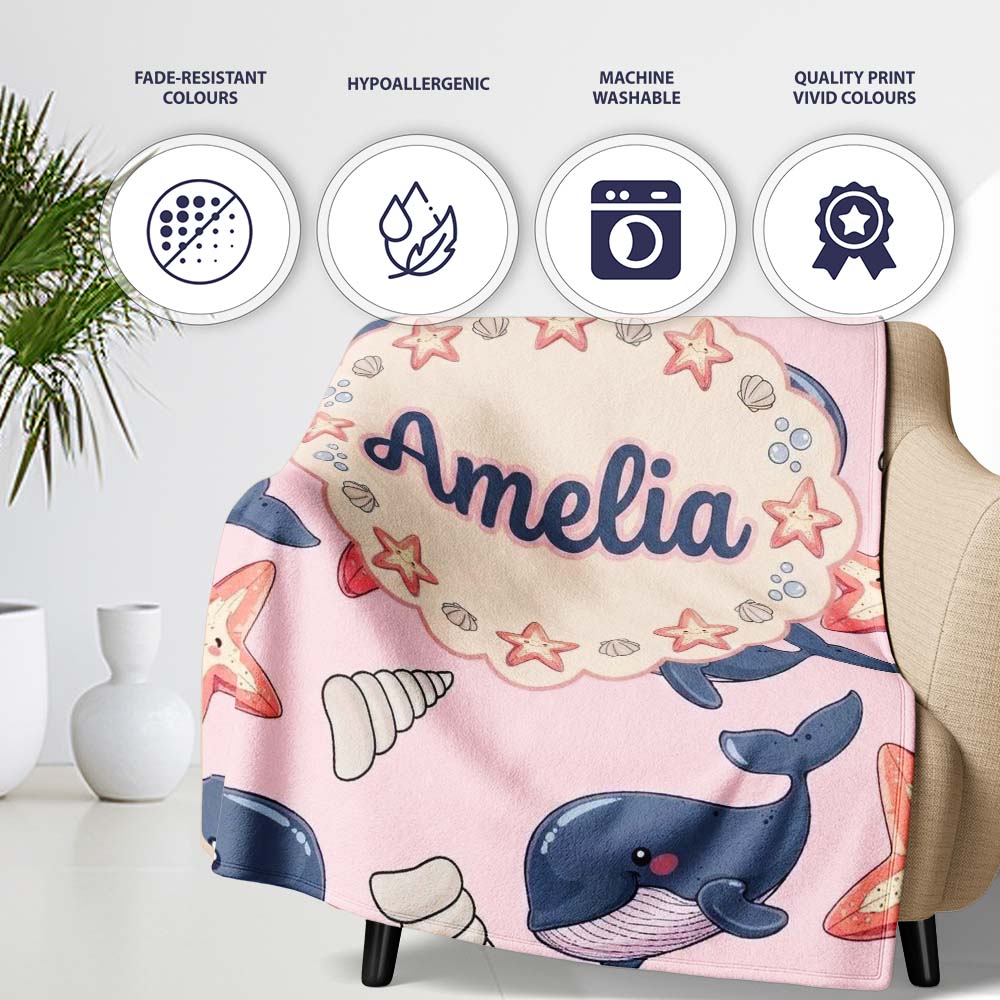 Cute Kawaii Whale Starfish Seashell Ocean Animals Pink Background  Personalised Custom Name Super Soft Fleece Blanket Bed Sofa Throw