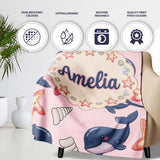 Cute Kawaii Whale Starfish Seashell Ocean Animals Pink Background  Personalised Custom Name Super Soft Fleece Blanket Bed Sofa Throw