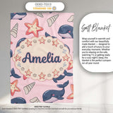 Cute Kawaii Whale Starfish Seashell Ocean Animals Pink Background  Personalised Custom Name Super Soft Fleece Blanket Bed Sofa Throw
