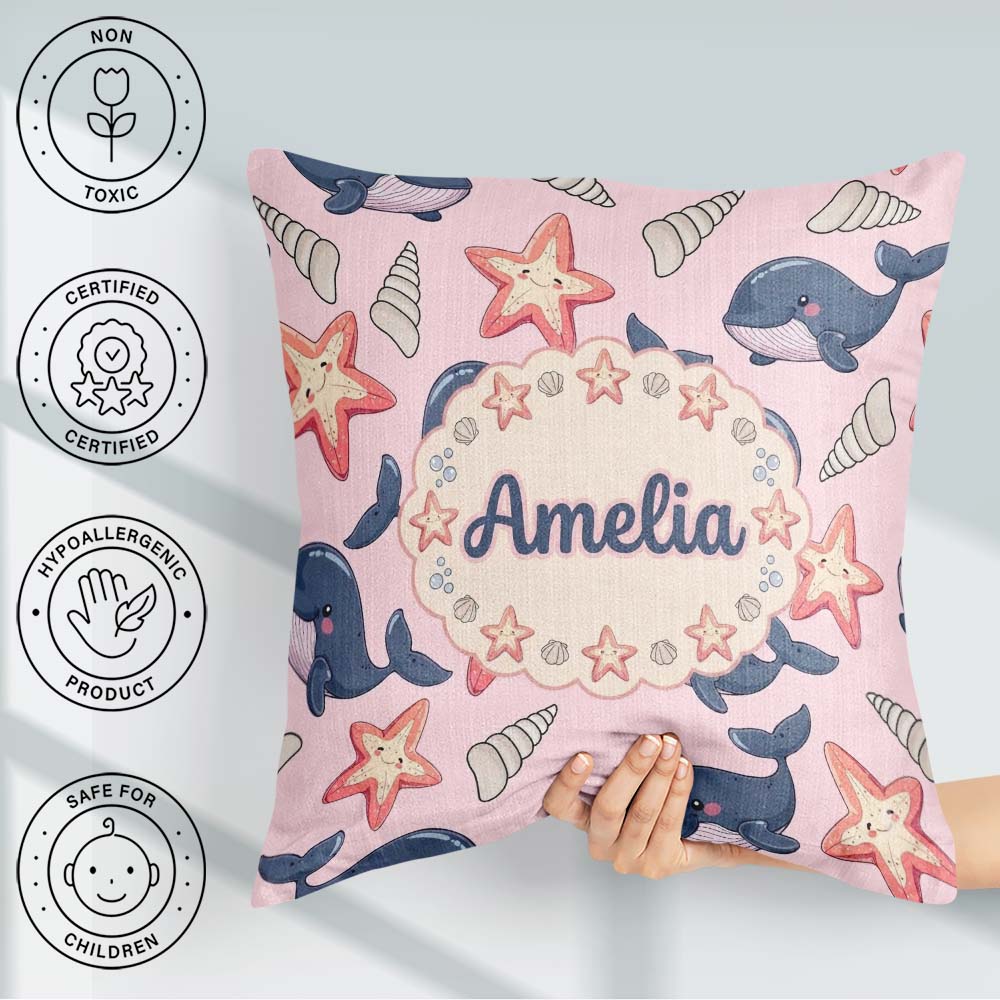 Custom Name Kawaii Whale Starfish Seashell Ocean Pink Background Square Filled Cushion Throw Pillow Sofa Bed Home Decor Zip Washable UK Made