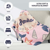 Cute Kawaii Whale Starfish Seashell Ocean Animals Pink Background  Personalised Custom Name Super Soft Fleece Blanket Bed Sofa Throw