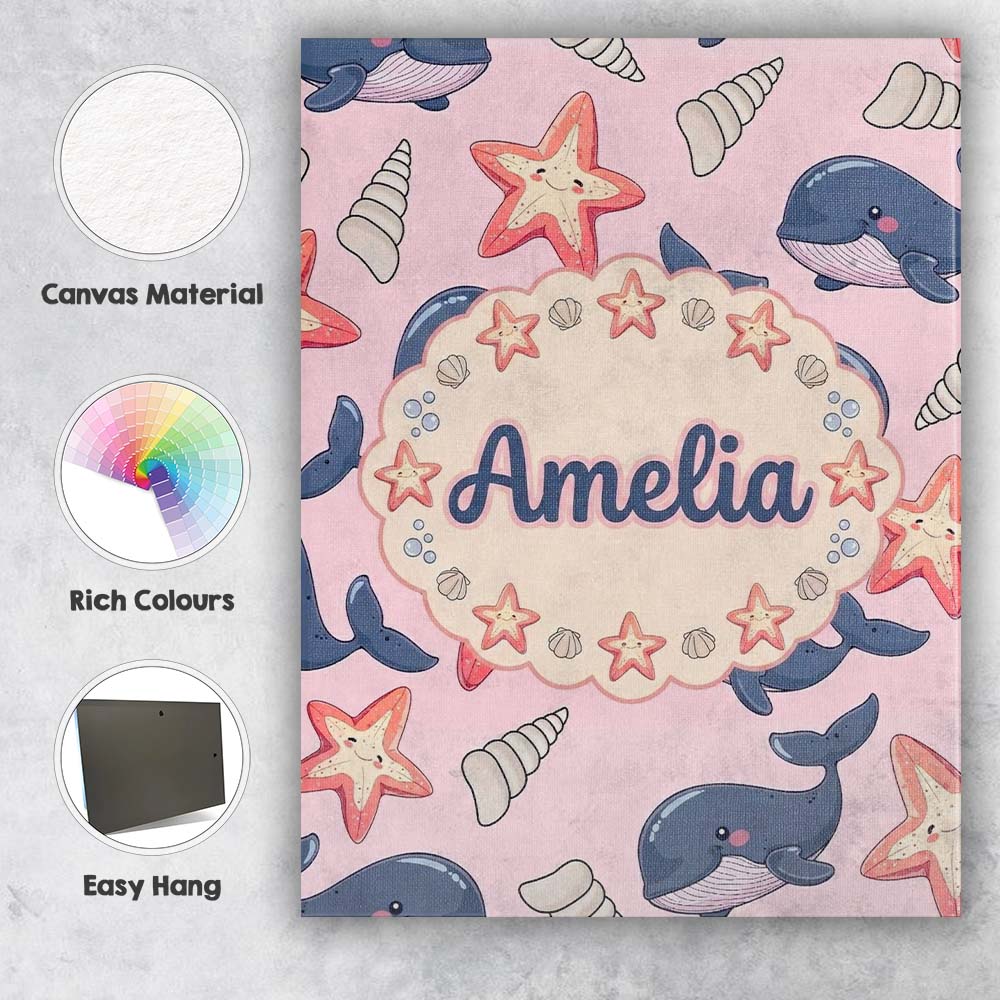 Personalised Name Cute Kawaii Whale Starfish Custom Bespoke  Contemporary Display Canvas Wall Art Print Decor Picture Ready to Hang