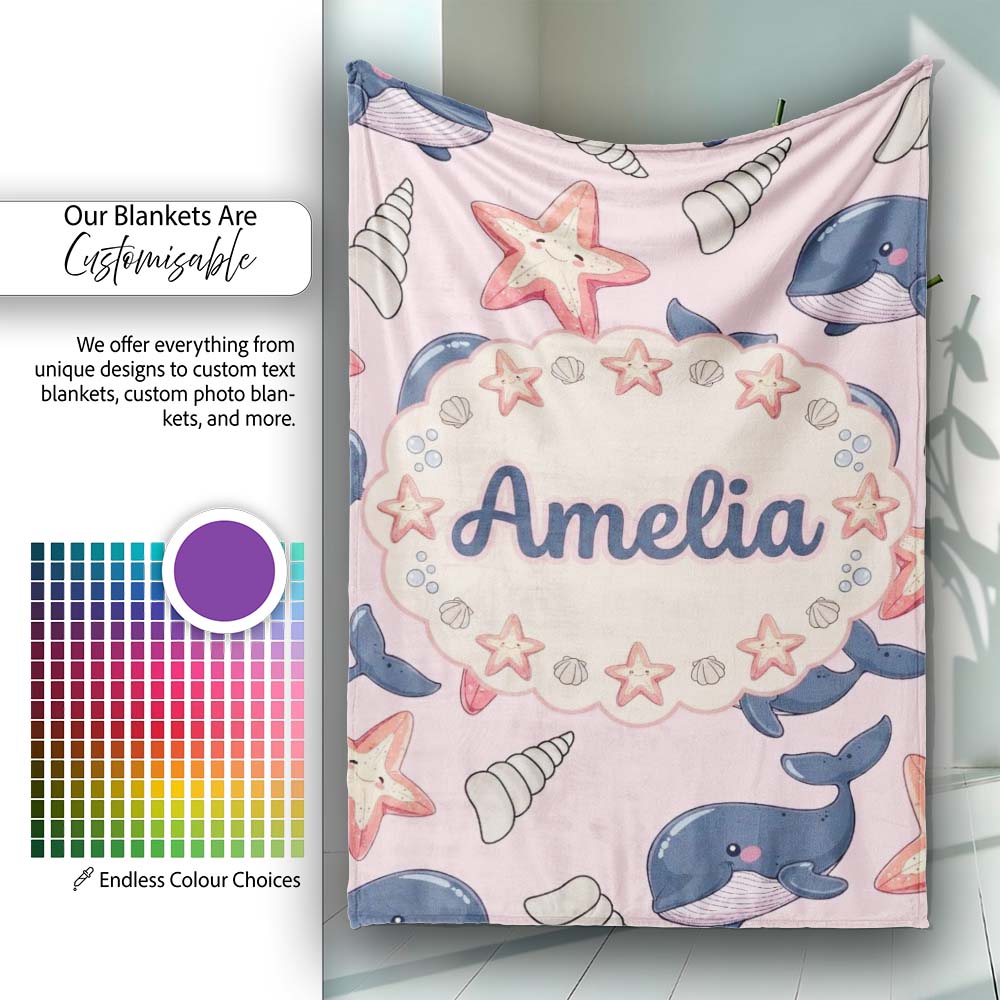 Cute Kawaii Whale Starfish Seashell Ocean Animals Pink Background  Personalised Custom Name Super Soft Fleece Blanket Bed Sofa Throw