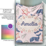 Cute Kawaii Whale Starfish Seashell Ocean Animals Pink Background  Personalised Custom Name Super Soft Fleece Blanket Bed Sofa Throw