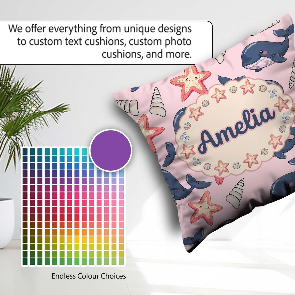 Custom Name Kawaii Whale Starfish Seashell Ocean Pink Background Square Filled Cushion Throw Pillow Sofa Bed Home Decor Zip Washable UK Made