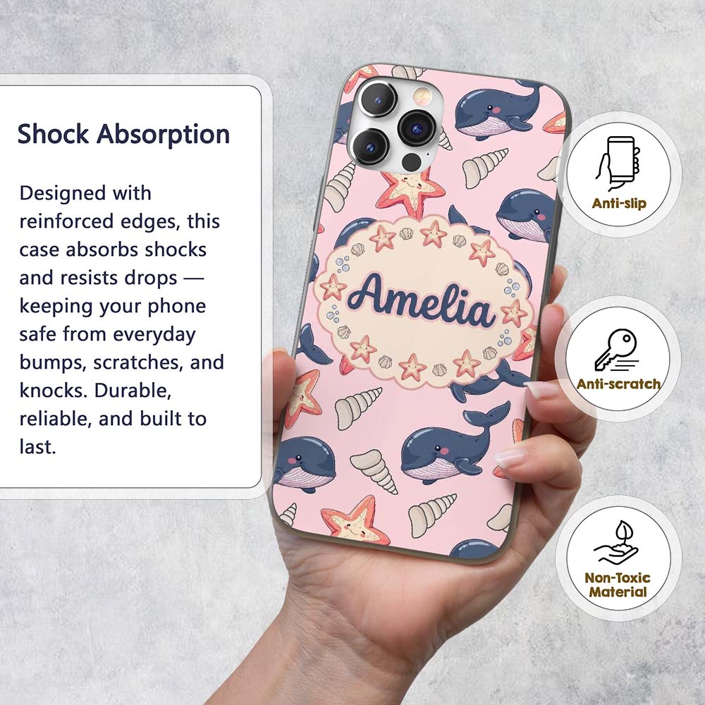 Cute Kawaii Whale Starfish Seashell Ocean Animals Custom Name Protective Phone Case Mobile Cover Durable Everyday Smartphone Shock Resistant