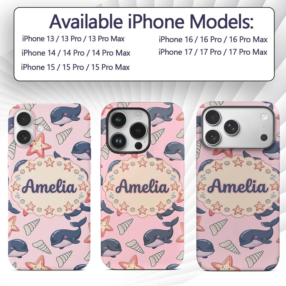 Cute Kawaii Whale Starfish Seashell Ocean Animals Custom Name Protective Phone Case Mobile Cover Durable Everyday Smartphone Shock Resistant