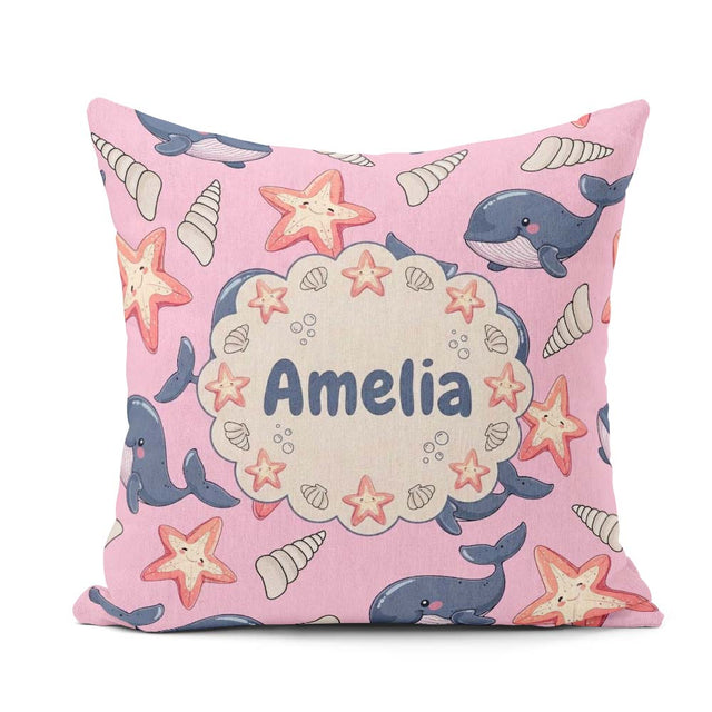 Custom Name Kawaii Whale Starfish Seashell Ocean Rose Background Square Filled Cushion Throw Pillow Sofa Bed Home Decor Zip Washable UK Made