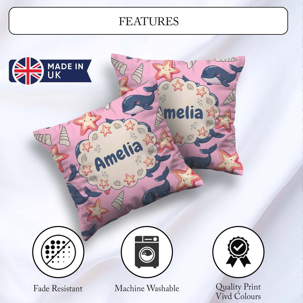 Custom Name Kawaii Whale Starfish Seashell Ocean Rose Background Square Filled Cushion Throw Pillow Sofa Bed Home Decor Zip Washable UK Made