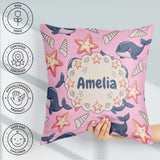Custom Name Kawaii Whale Starfish Seashell Ocean Rose Background Square Filled Cushion Throw Pillow Sofa Bed Home Decor Zip Washable UK Made