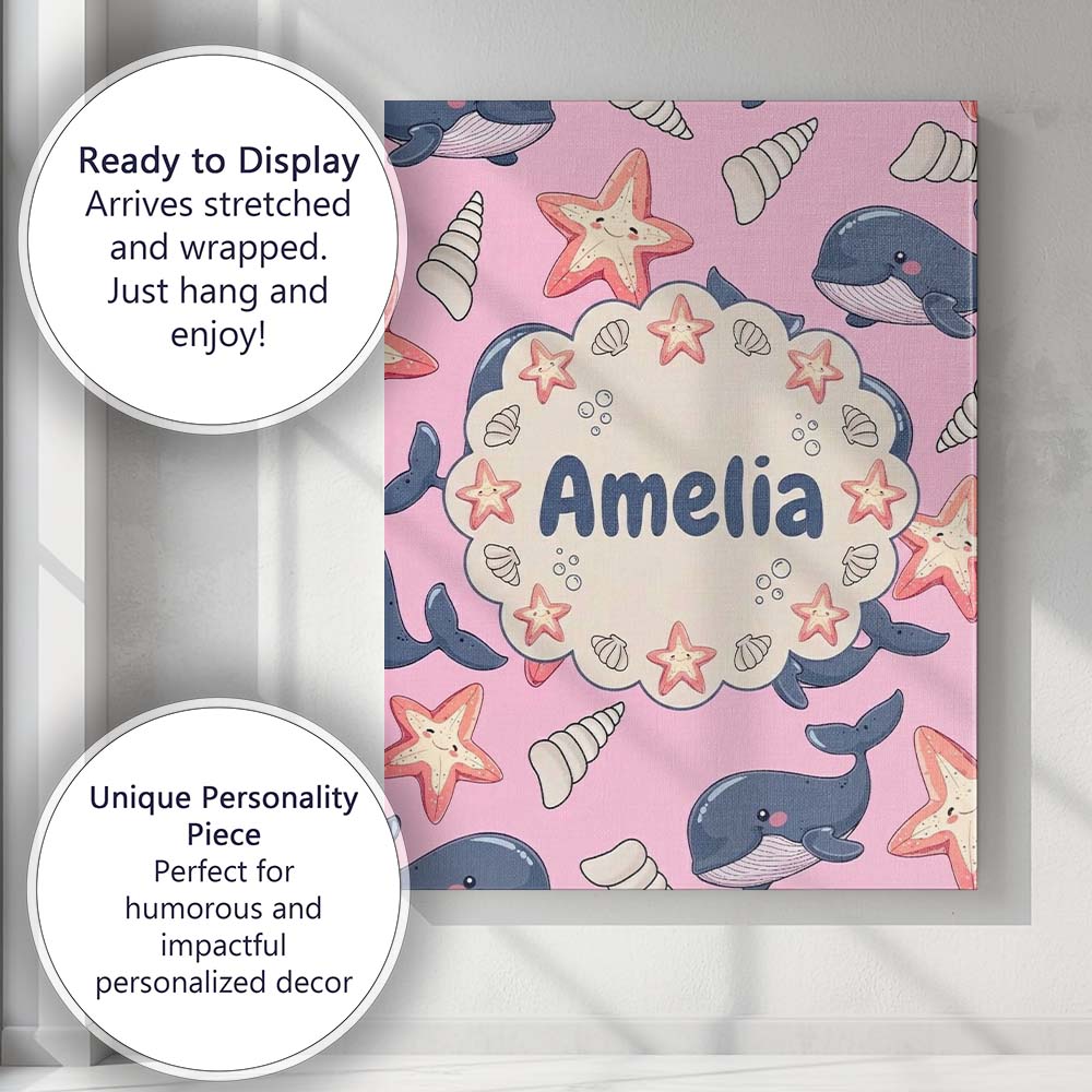 Personalised Name Cute Kawaii Whale Starfish Custom Bespoke  Contemporary Display Canvas Wall Art Print Decor Picture Ready to Hang