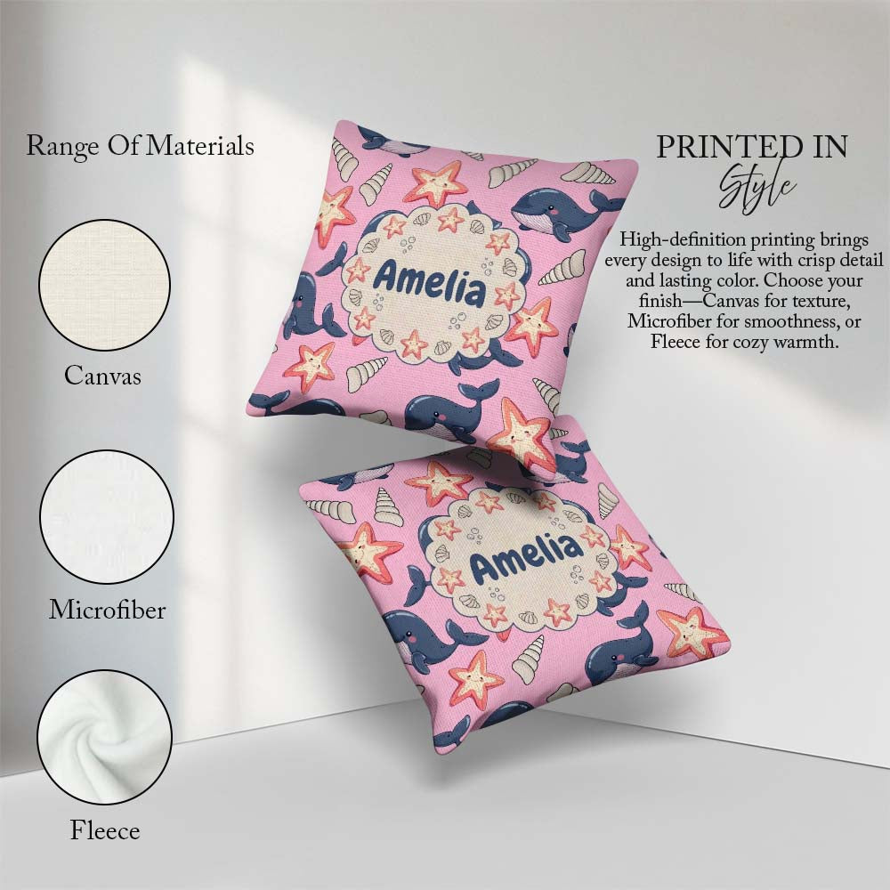 Custom Name Kawaii Whale Starfish Seashell Ocean Rose Background Square Filled Cushion Throw Pillow Sofa Bed Home Decor Zip Washable UK Made